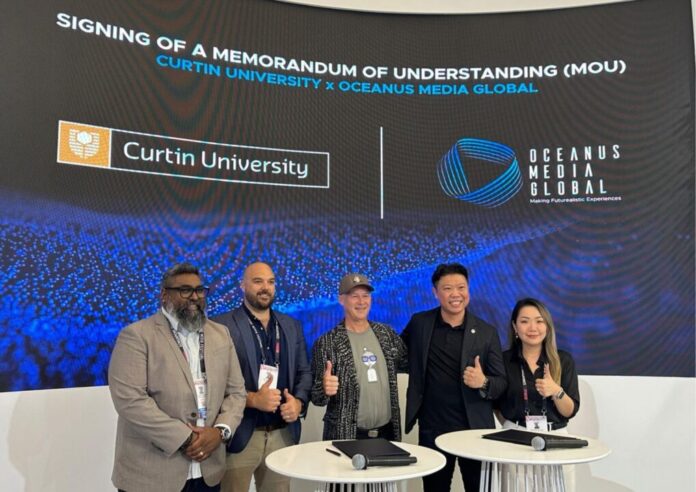 Photo of Mr. Jonathan Pillai (Curtin), Mr. Matt Reed (Curtin), and Ms. Christine Chua (Oceanus Media Global) as witnesses, alongside Dr. Richard Blythe (Curtin University) and Mr. Nick GC Tan (Oceanus Media Global) during the signing of the Memorandum of Understanding (MOU) on December 5, 2024, at the Asia Television Forum (ATF).